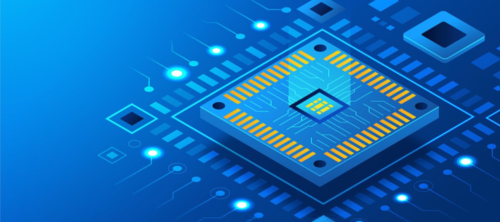 3D render of a microchip with orange pin contacts on a circuit board, representing integrated circuit distribution