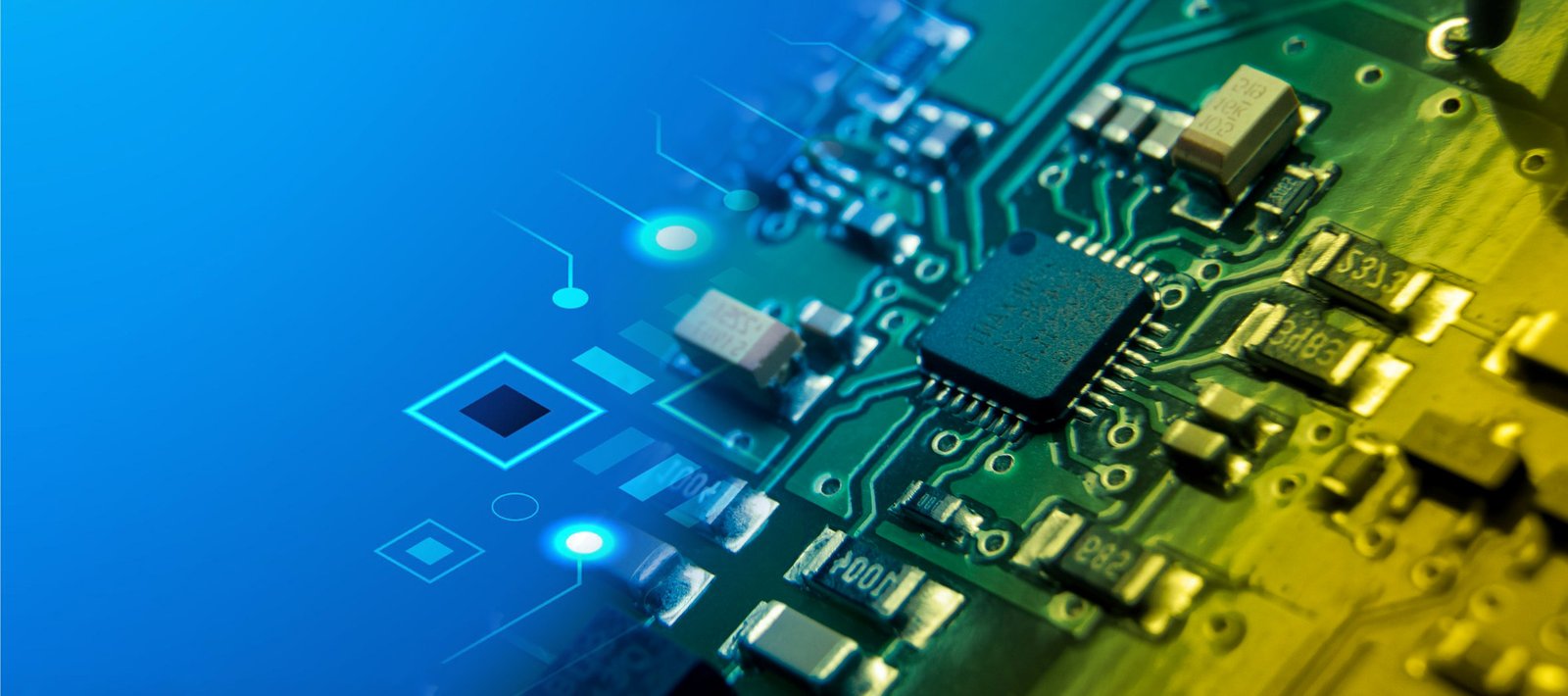 Real macro photograph of a printed circuit board with IC chip, capacitors, and SMD components illuminated by blue and amber LED lighting