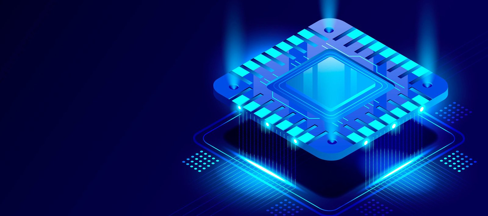 3D render of a microchip with blue glowing accents representing advanced semiconductor technology for legacy part sourcing
